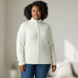 L.L.BEAN  Women's Sz XL Cotton Cable Knit Full Zipper Ivory Sweater Cardigan